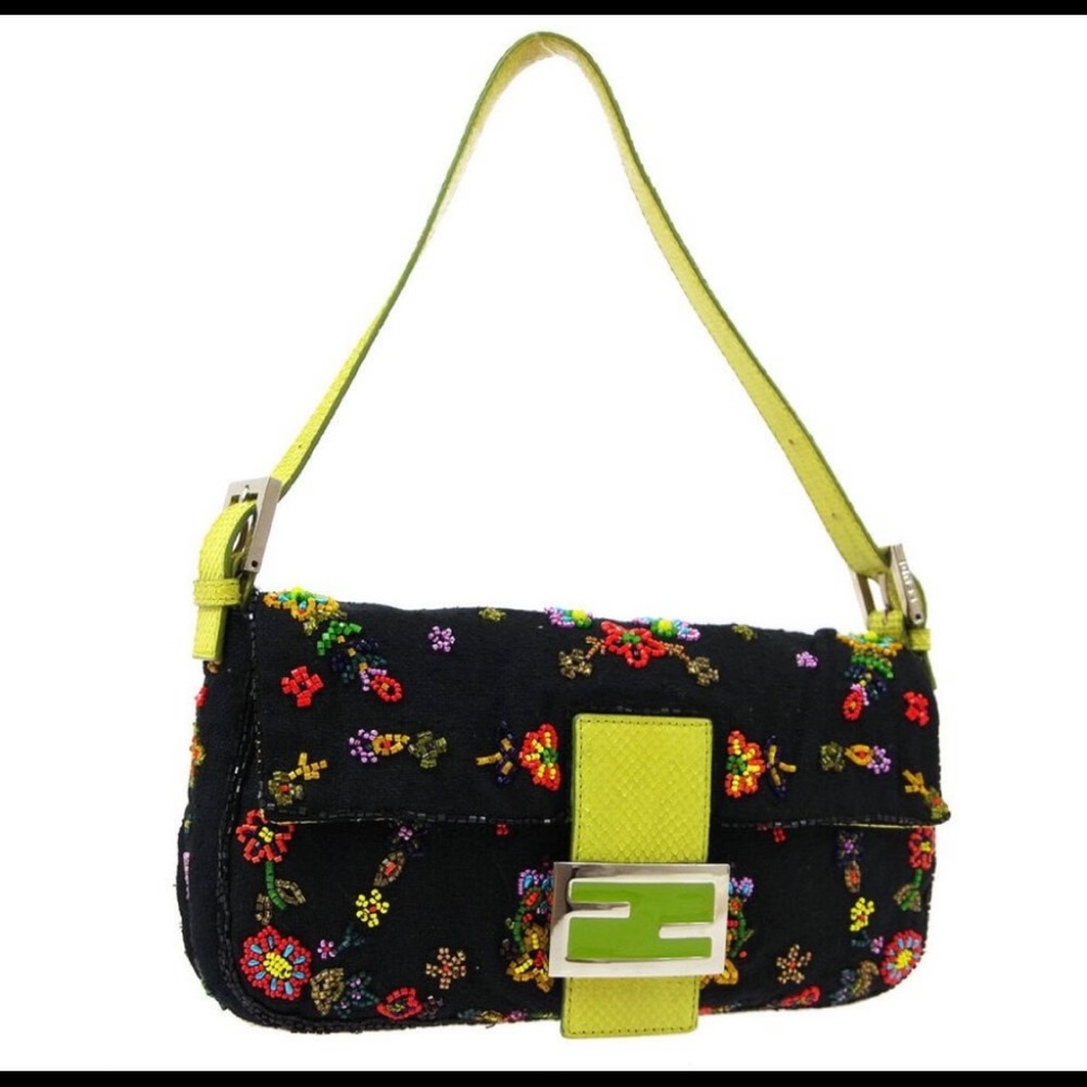 Authentic Fendi Baguette Black w/Floral Beading & Chartreuse Green Reptile Skin
